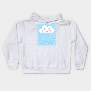 Rainbow Raindrops, Happy Rain Cloud, on Blue Kids Hoodie